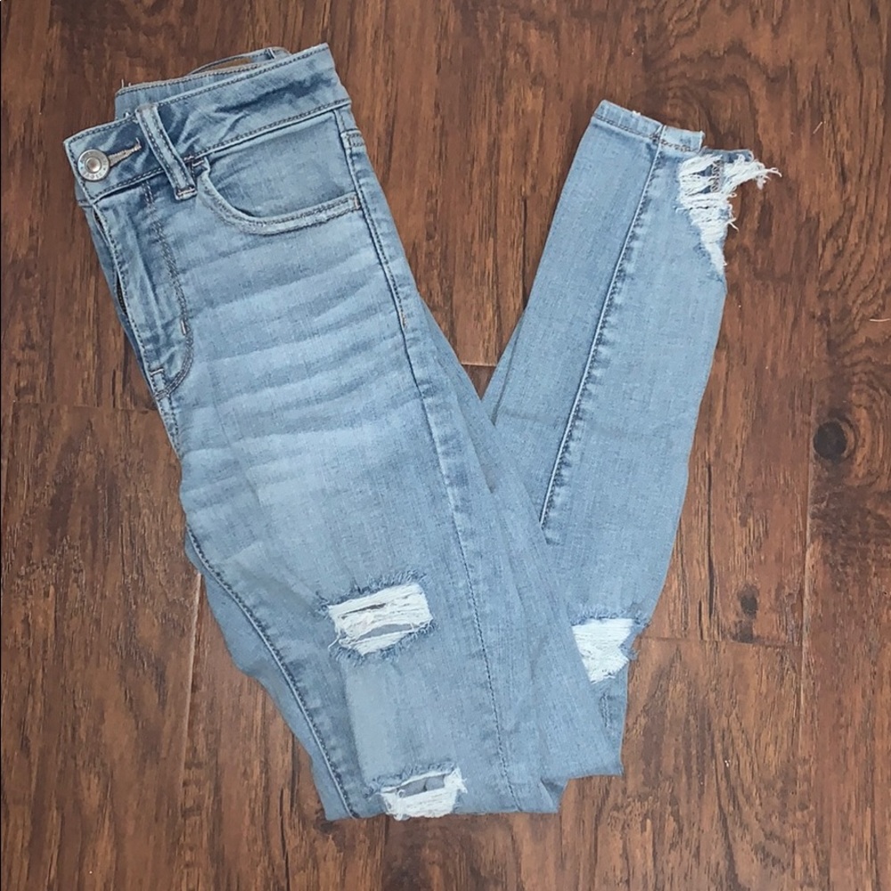 American Eagle distressed light wash jeans.